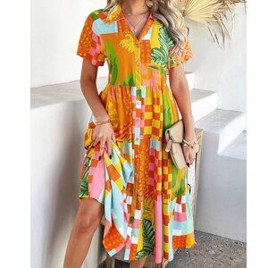 High Waist Button Down Maxi Dress – Orange Pink Green – Casual Boho Style – S–XL